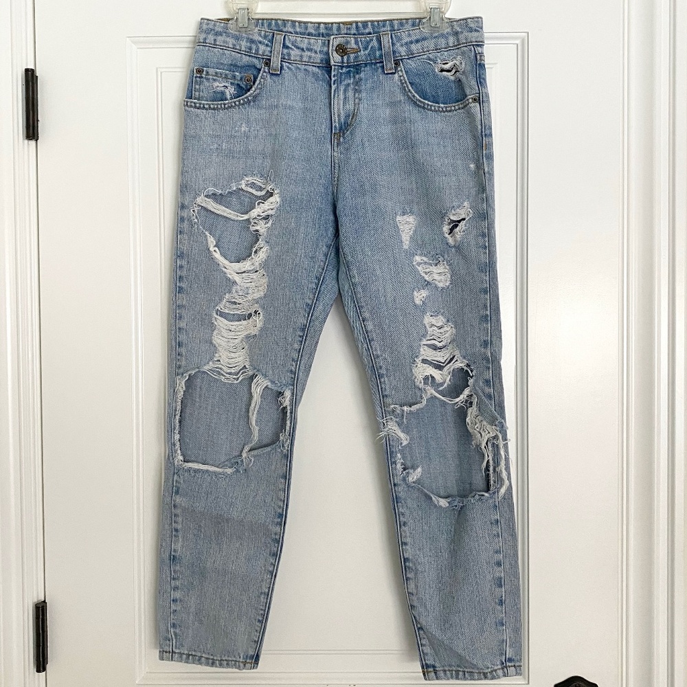 Carmar Mid Rise Straight Leg Distressed Torn Denim Jeans - 26